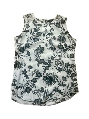 Ann Taylor Sleeveless Floral Blouse Top Medium White Black Keyhole Neck